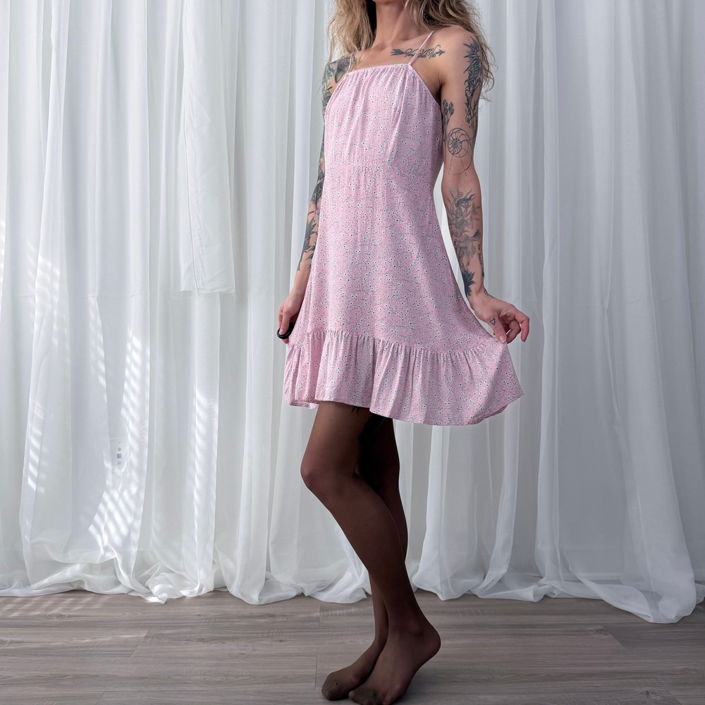 Pink Floral Tie Strap Babydoll Mini Dress Medium